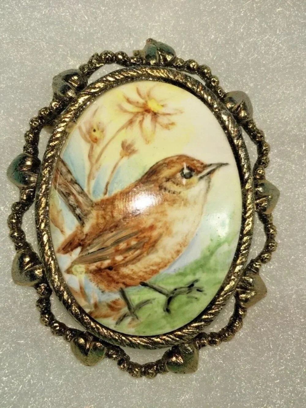 Vintage Bird And Nest Hand Painted Signed On Porcelain Brooch-Pendant